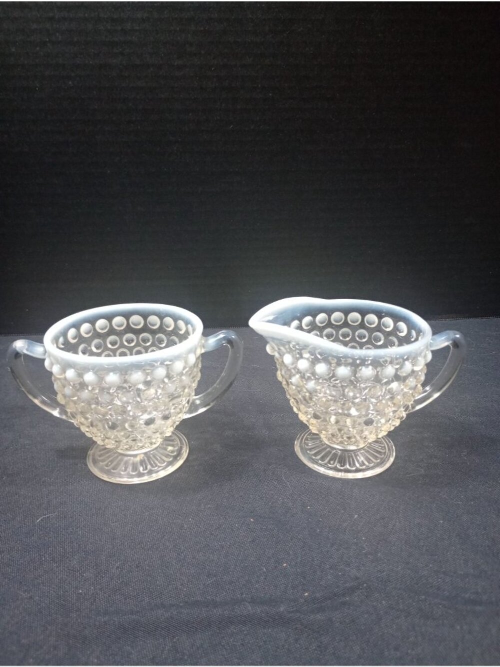 Vintage Fenton Hobnail Moonstone Opalescent Clear Cream &  Sugar Set circa 1940s